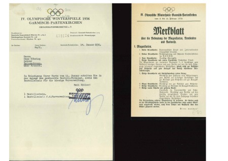 1936 Garmisch-Partenkirchen group of three official documents incl. leaflet about the IDs and two letters