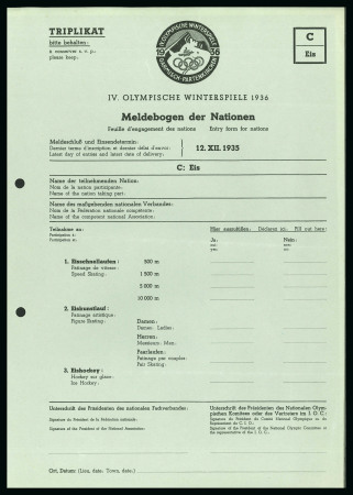 1936 Garmisch-Partenkirchen group of 5 unused official entry forms (in triplicate)