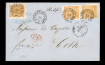 1858 24 öre Dark orange, pair and single neatly tied by clear STOCKHOLM / 29.8.1859 cds on folded cover