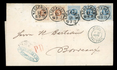 1872-76 3 öre Orange-brown pair plus 12 öre strip three on cover