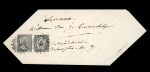 1856-58 (3 öre) Black, two singles neatly tied by "star" cancels on local cover