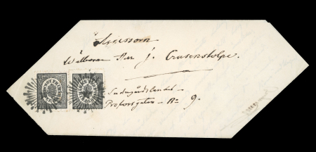 1856-58 (3 öre) Black, two singles neatly tied by "star" cancels on local cover