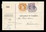 Stamp of Greenland 1930 Thiele Printing: 70 öre violet & 1kr yellow, neatly tied on parcel card