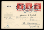 1930 Thiele Printing: 20 öre red, three singles, all neatly tied on parcel card