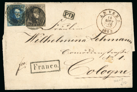 Stamp of Belgium 1852-64, Group of 6 covers incl. two to Cologne with 10c & 20c from Anvers
