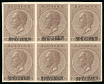 Stamp of Belgium 30c Brun NON DENTELÉ en bloc de six avec surcharge SPÉCIMEN en noir