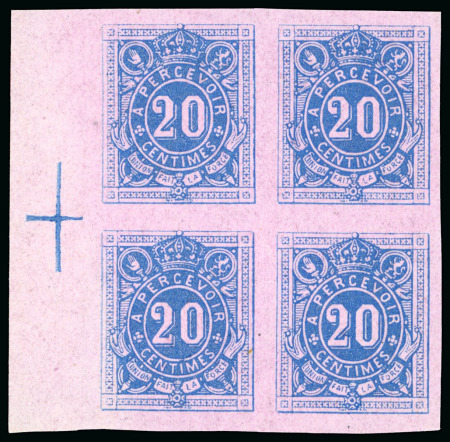 Stamp of Belgium » Timbres-Taxe Épreuves de la planche (mise en train), 10c vert et 20c bleu sur papier rose