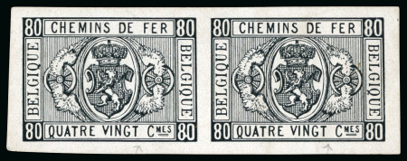 Stamp of Belgium » Chemin de fer 1879 Armes, épreuve du 80 centimes avec erreur "Quatre vingt", en paire horizontale sur papier couché