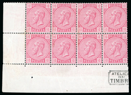 Stamp of Belgium 10c rose en bloc de huit avec coin de feuille portant indication marginale ATELIER DU TIMBRE, neuf avec gomme intacte