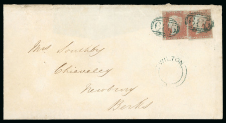 Stamp of Great Britain » 1841 1d Red 1850 (Jan) Envelope with two 1841 1d red brown tied by crisp "685" numerals of Wilton (Wiltshire) in green with matching green Wilton UDC below