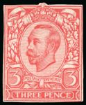 1911 3d Engravers sketch die for the unissued value, cut down die proof used as a colour trial printed in rose-red on thick white paper