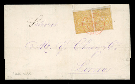 Stamp of Ecuador 1865 1r Olive-Yellow pair on watermarked paper tied by red Guayaquil Franca cds