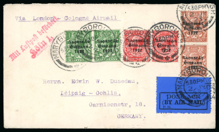 Stamp of Ireland » Airmails 1923 (Jul 2) Irish Acceptance for London-Brussels-Cologne, cover with Harrison Coil "long 1 in 1922" varieties