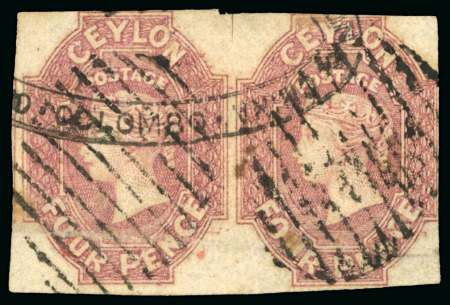 Stamp of Ceylon 1857-59 4d Dull Rose used HORIZONTAL PAIR, ex Ferrari, Harris, Bailey and Agabeg