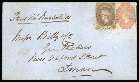 Stamp of Ceylon 1859 (Dec 29) Envelope from Pusilawe to England with 1857-59 4d rose and 6d on blued paper