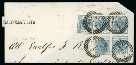 1850, 45 c. azzurro ardesia, tipo II, carta a mano, blocco di quattro e singolo, annullati col timbro a linee orizzontali e verticali "CREMA 7/7", su grande frammento di lettera raccomandata, recante al verso un 30 c. br