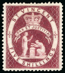Stamp of St. Vincent 1882 Colour Trials 5s carmine-lake, perf 12, part original gum