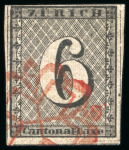 Zürich 6 Rp. schwarz, mit gut sichtbaren senkrechten Unterdrucklinien, Type I, 6. Marke des Bogens