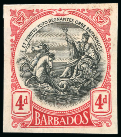 Stamp of Barbados 1918 BARBADOS 4d 'seal' black & carmine IMPERFORATE PROOF on watermarked 'multiple crown CA''