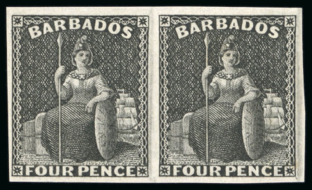 Stamp of Barbados Barbados 1875 1/2d, 3d and 4d Britannia issue Perkins & Bacon plate proofs in black in horizontal pairs