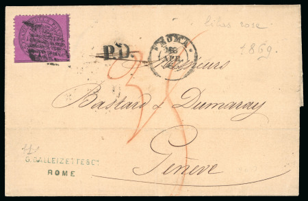 Stamp of Italian States » <mark>Papal</mark> States 1869, lettera del 16 aprile da Roma per Ginevra (Svizzera), affrancata con un 20 c. lilla rosa