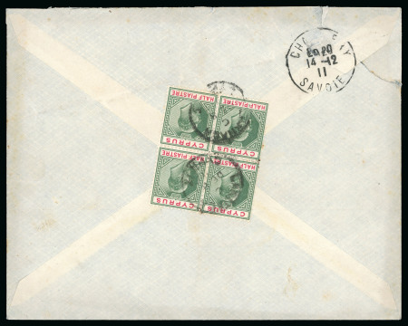 1911 (Dec 11) Commercial cover from Larnaca to France franked on the reverse with 1904-10 1/2pi block of four