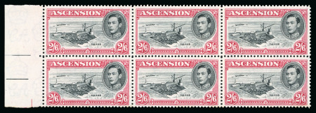 1938-53 2s6d Black & Deep Carmine perf.13 showing variety "Davit flaw" in mint n.h. left marginal block of six