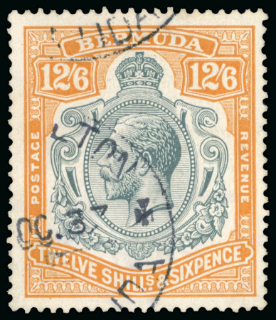 Stamp of Bermuda 1924-32 12s6d Grey & Orange, 8th printing, showing variety "break through scroll", used, plus normal used