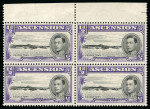 1938-53 1/2d Black & Violet perf. 13 1/2 showing variety "Long centre bar to "E" of "Georgetown" (R2/3) in mint n.h. top marginal block of four