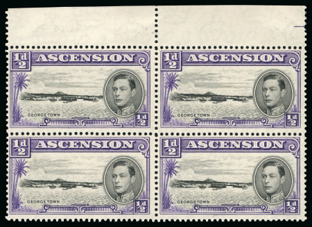 1938-53 1/2d Black & Violet perf. 13 1/2 showing variety "Long centre bar to "E" of "Georgetown" (R2/3) in mint n.h. top marginal block of four