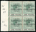 Stamp of Bahamas 1942 Columbus £1 mint n.h. left marginal block of four, with variety "dots in 4 of 1492"