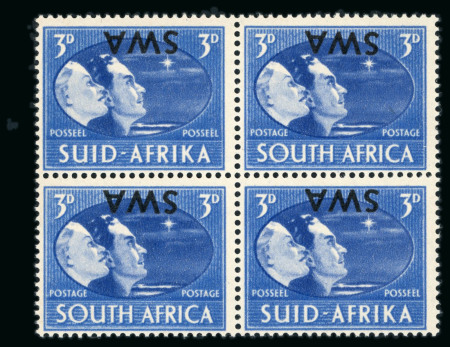 Stamp of South West Africa 1945 Victory 3d with inverted overprint in mint n.h. block of four