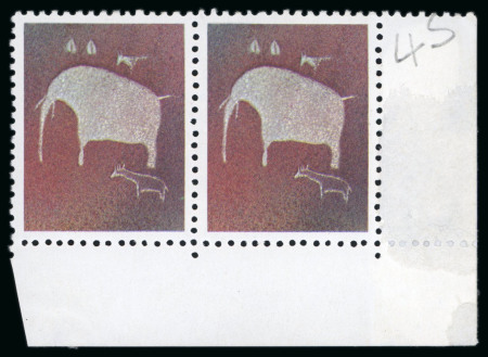 Stamp of South West Africa 1974 Rock Engravings 5c with error black omitted in mint n.h. lower right corner marginal pair