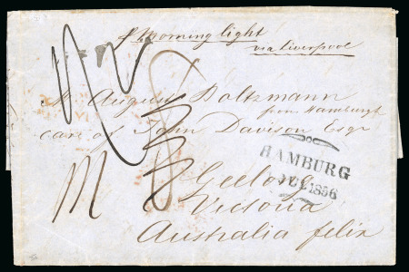 Stamp of German States » Hamburg 1856 (Jul 1) Stampless entire from Hamburg to Victoria, "Australia Felix", endorsed "p Morning Light" with Hamburg fleuron ds