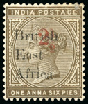 Stamp of Kenya, Uganda and Tanganyika » British East Africa 1895 2 1/2a Provisional on 1a6p showing variety "1 for i in British", mint h.r.