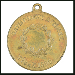 1896 Athens commemorative medal in bronze, 28mm, by Houtopoulos, showing view of Olympic stadium on one side