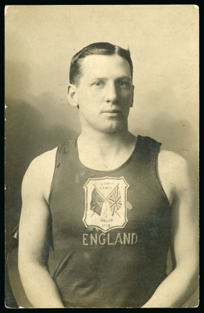 Photographic picture postcard of George Wilkinson in his 1908 Olympic jersey