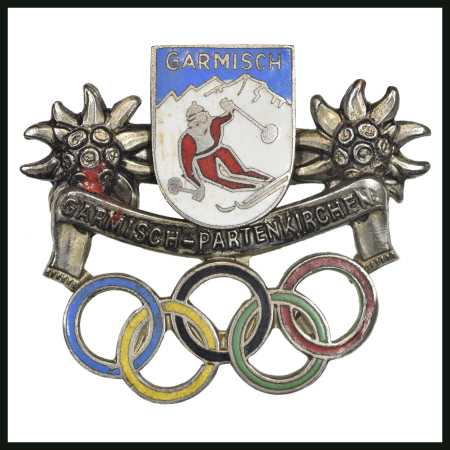 1936 Garmisch-Partenkirchen group of three pins incl. enamelled & white metal pin showing skier above Olympic Rings