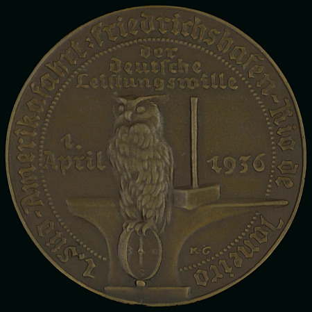 1936 Hindenburg Zeppelin LZ129 bronze medal, 108mm, for 1st South America Flight