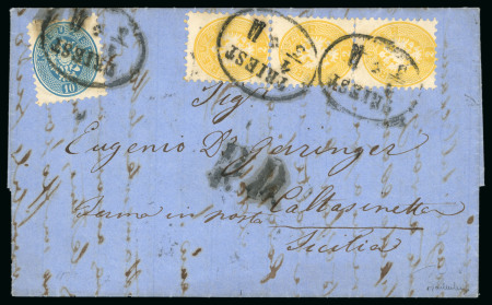 Stamp of Austria 1867 (March 5) Cover to Caltanissetta franked with scarce combination of eagles, 10kr blue and strip three 2kr yellow