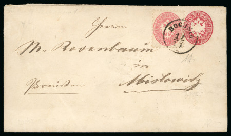 Stamp of Austria 1864 ca. (Nov 15) Postal stationery 5kr rose envelope, uprated with 5kr pale rose, sent from Bochnia to Mysłowice