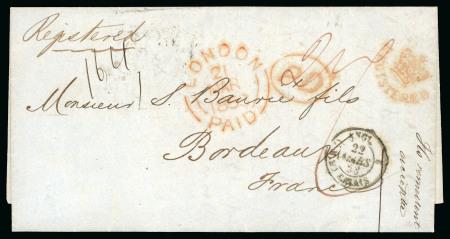 Stamp of Great Britain » Postal History 1853 (Mar 21) Commercial entire to Bordeaux, endorsed "Registered" with number "164"
