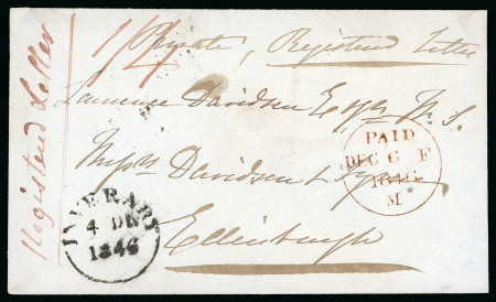 Stamp of Great Britain » Postal History 1846 (Dec 4) Stampless envelope to Edinburgh twice marked Registered Letter and with 1/4 rate mark