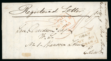 1843 (May 30) Stampless entire letter to Edinburgh boldly marked "Registered Letter pd" at top