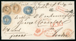 1865 (Jun 11) Wrapper sent registered from Brux to London bearing 15kr pair and two 10kr on obverse