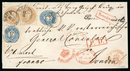 Stamp of Austria 1865 (Jun 11) Wrapper sent registered from Brux to London bearing 15kr pair and two 10kr on obverse