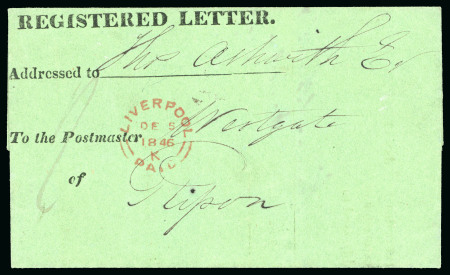 Stamp of Great Britain » Postal History 1846 (Dec 5) Registered Letter wrapper, first type, used to carry a registered letter from Liverpool to Ripon