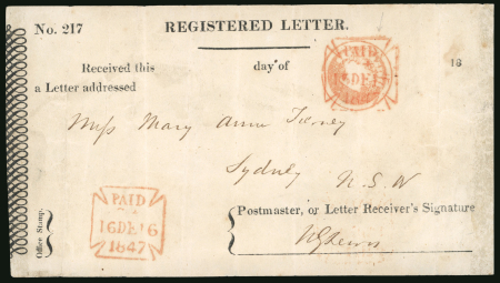 1847 (Dec 16) Receipt numbered 217 from the Charing Cross Office for a registered letter to Sydney