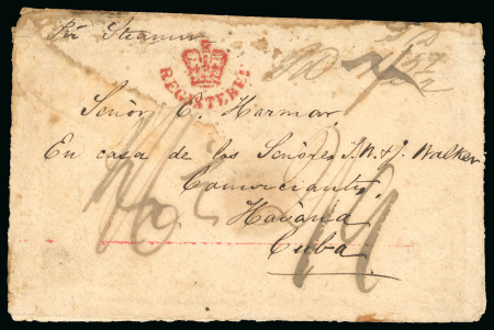Stamp of Great Britain » Postal History 1857 (Feb 12) Envelope sent registered from Wrexham to Havana, Cuba