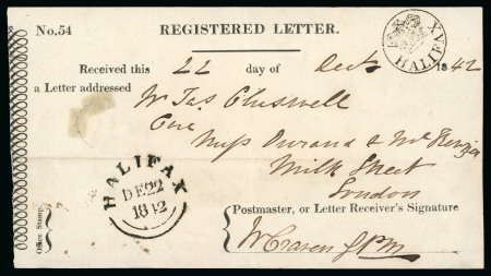 1842 (22 Dec) Registered letter receipt no.54 for a letter to London bearing a Halifax cds and a Halifax crown bag seal